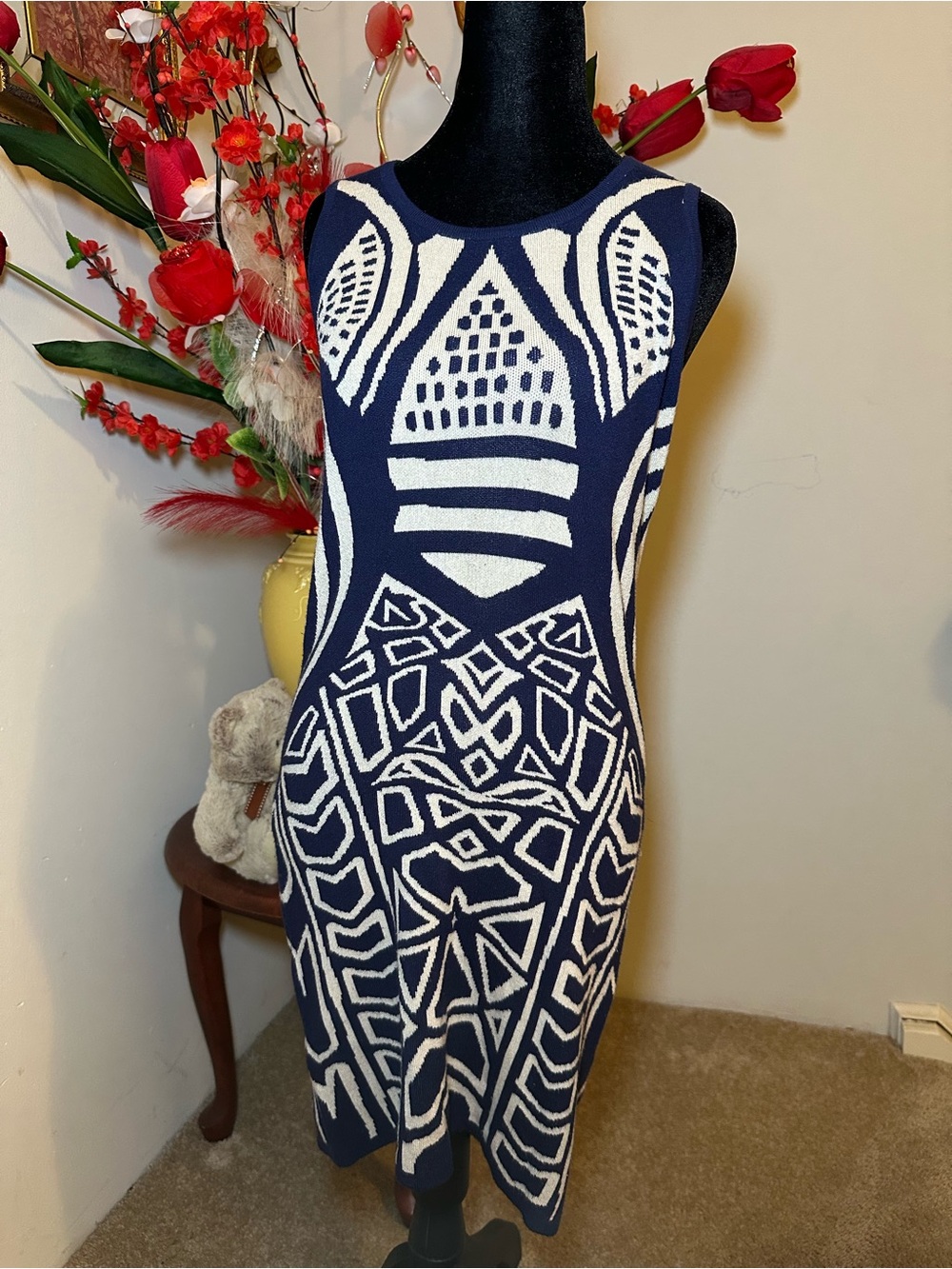 Skechers Navy and White Geometric Knit Midi Dress